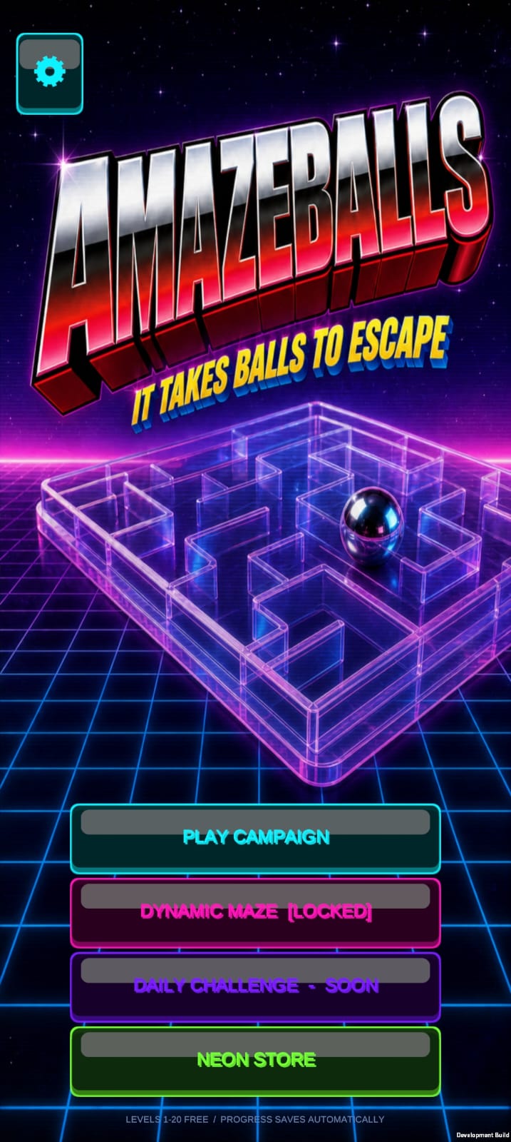 Amazeballs main menu with neon maze artwork
